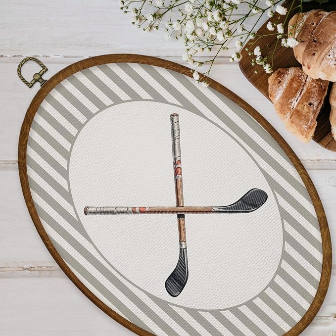 WULQYING Hockey Stick Sports Nursery Wall Art Decor, Boys Room Oval Framed Canvas Art Prints, Neutral Striped Sport Lover Gift Wall Hanging Decor for Kids Nursery Room Playroom, 8.5x11.3 Inches