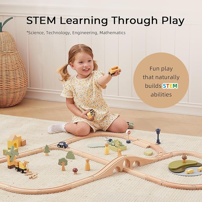 OOOK Multi-Scenario Wooden Train Set,All Wood Accessories Train Set for Toddlers 3 Years Old, Multi-Scenario Train Toy for 3 4 5 Years Old Girls & Boys