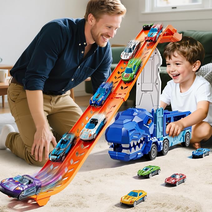 Truck Toys Car Track Set for 3 4 5 6 Years Old Boys, Dinosaur Truck Transporter Car Race Track with 12 Die-Cast Racing Car Toys, Birthday Gifts for Toddlers Kids Girls Age 3 4 5 6 7 8