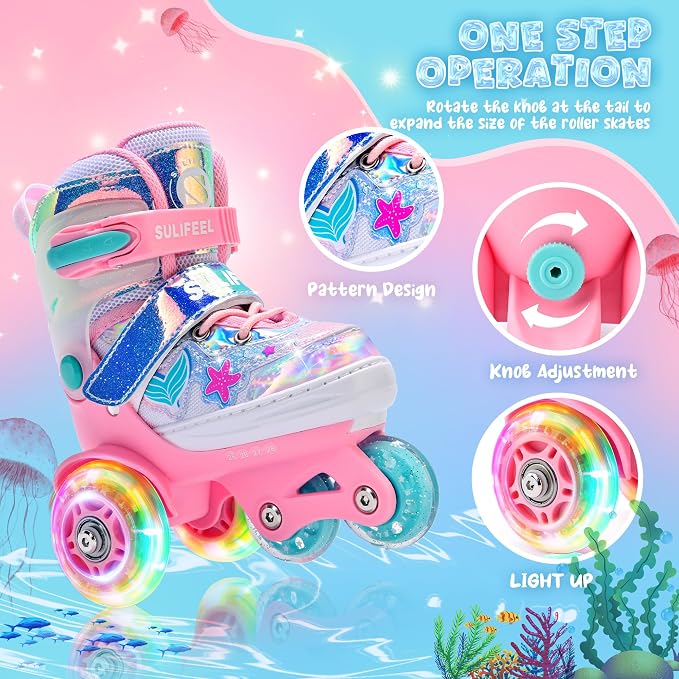 SULIFEEL Adjustable Roller Skates for Girls Boys Kids,Fun Illuminating Light Up Flash Wheels Three-Point Type Balance Suitable for Beginners Indoor Roller Skating