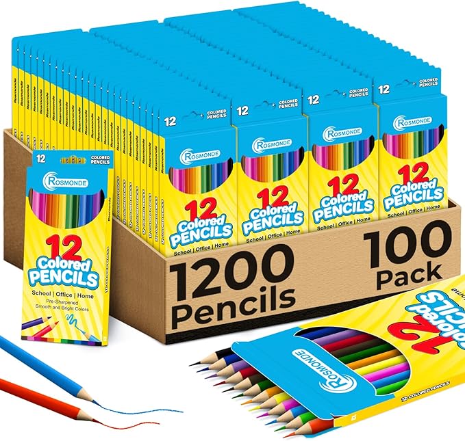 Rosmonde 100 Pack (1200 Count) Colored Pencils Bulk Set, 12 Assorted Pre Sharpened Pencil Colors, Easy Hold Grip, Drawing & Coloring Supplies, Bulk Set for Schools and Classrooms Projects