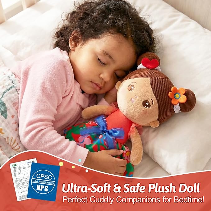OUOZZZ 12.6" Soft Baby Doll - Toys for 1 Year Old Girl, Hispanic Baby Doll Ideal Birthday Baby Girl Gift, Snuggle Buddy for Infants Brown Skin