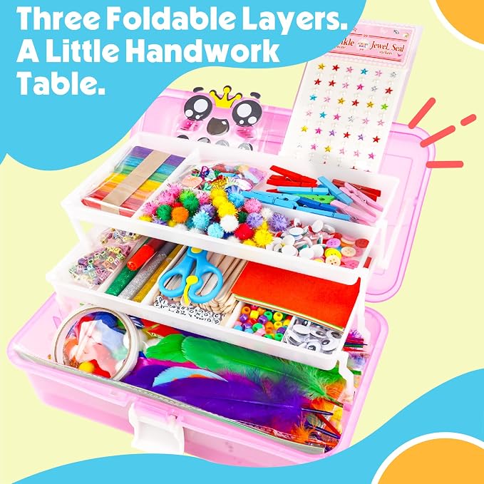 SMILESSKIDDO Arts Craft Supplies for Kids - 1100+ PCS Toddler DIY Craft Art Supply Set, Portable 3 Layered Folding Storage Box School Craft Projects - Gifts for Girls Ages 4-8, 8-12, Pink