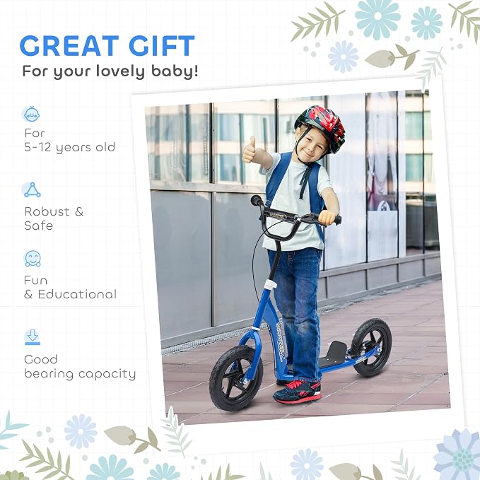HOMCOM Kick Scooter for Kids 5-12 Years Old, Big Wheel Kids Scooter with Adjustable Height Handlebar, 12" EVA Tyres, Non-Slip Footplate, Rear Brake