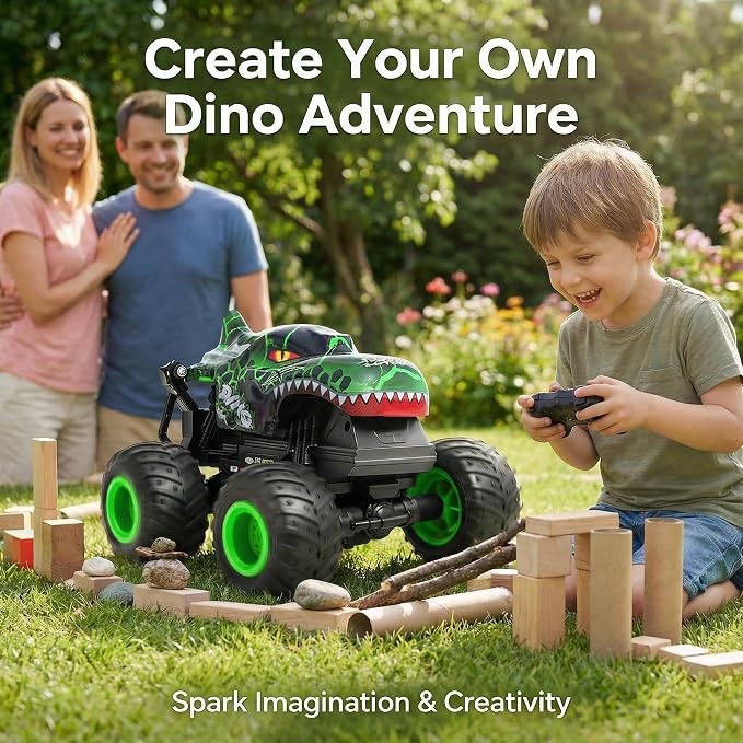 Remote Control Dinosaur Car for Boys 4-7 8-12, Sturdy 1:20 Scale RC Monster Truck with LED Lights Roar Sound, 2.4GHz All Terrain Off Road Toy, Birthday (Green)