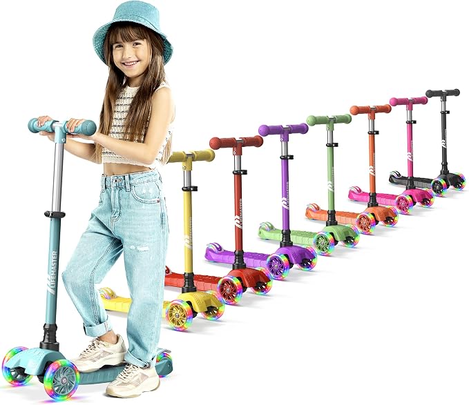 Lifemaster Mini 3-Wheel Kids Scooter with Multi-Color Wheel Lights – 4-Height Adjustable Handlebar, Wide Anti-Slip Deck, Child Safety Certified, Boys & Girls Ages 2+ Supports Up to 110 lbs