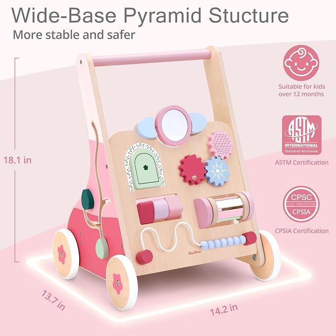 PairPear Wooden Baby Walker, Baby Push Walker Toys Activity Center | Wild - Base Montessori Walker Toys Gift for Girls Boys 1 Year Old Leaning to Walk