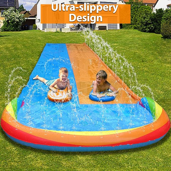 MorTime 22.5ft Slip Water Slide with Sprinklers, Slip and Slide with 2 Inflatable Bodyboards and Splash Pool Waterslide Backyard Lawn Outdoor Water Toy