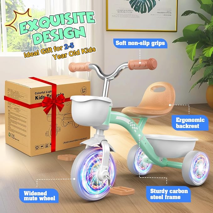 Kkdi Toddler Tricycle for 1-3 3-5 Year Olds, 2 3 4 5 Year Old Girl Boy Birthday Gifts, Toddler Baby Bike, 4-Level Adjustable Seat, 3 Color Light Wheels, 2 Baskets, Outdoor Riding Toys for Ages 2-4
