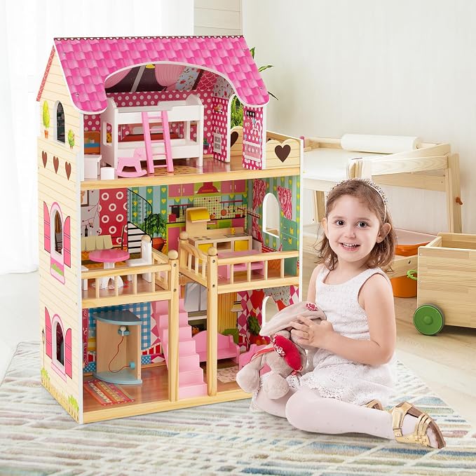HONEY JOY Pink Doll House, Wooden Kids Dollhouse with Balcony & Stairs, 15 Pieces Accessories & Furniture Included, Large 3-Story Easy to Assemble Doll House Toy, Gift for Toddler Boys Girls, Pink