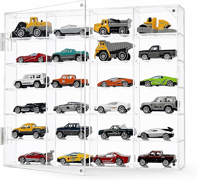 Acrylic Display Case for Hot Wheels, Toy Car Storage for 1/64 Scale Diecast Cars, Matchbox Garage, Collectible Model Cars, No Assembly Required, Magnetic Door Dustproof Showcase