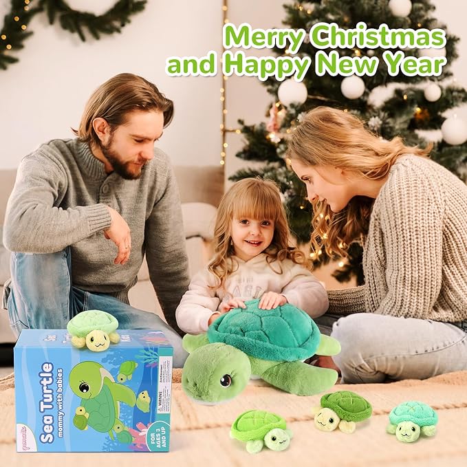 gnomantic Turtle Stuffed Animals with Babies Inside, Mommy Toy for Kids | 5-Piece set: 1 mommy turtle + 4 baby turtles inside. Unzip belly to reveal surprise babies. Ultra-soft, ages 3-8.