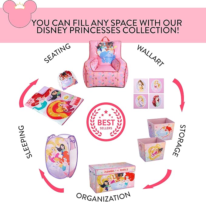 Disney Little Mermaid Kids and Toddler Canvas Bean Bag Chair with Piping & Top Carry Handle