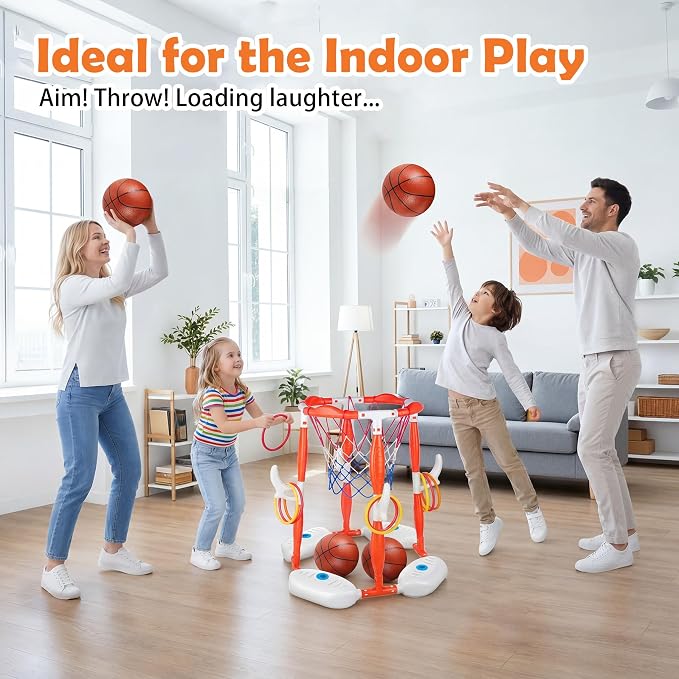 Pool Basketball Hoop, 2-in-1 Floating Pool Toys 360° Shooting Ring Toss Games with 4 Balls 12 Rings & Pump, Indoor Outdoor Swimming Pools Basketball Water Play Toy for 4-8 8-12 Kids Adults