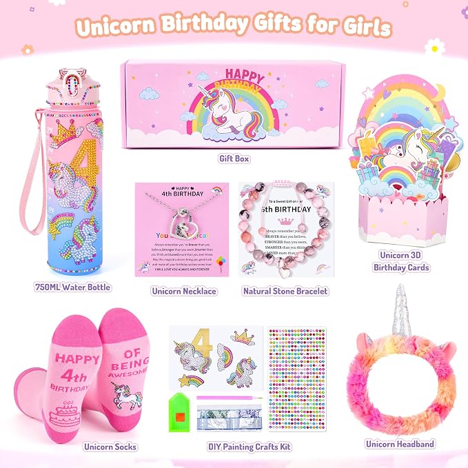 Unicorn Gifts for Girls, Christmas Birthday Gifts for Girls Age 4 Years Old Girl Birthday Gift Unicorn 3D Pop-Up Card for 4-Year-Old Girl and DIY Water Bottle Kits, Unicorn Toys for Daughter, Niece
