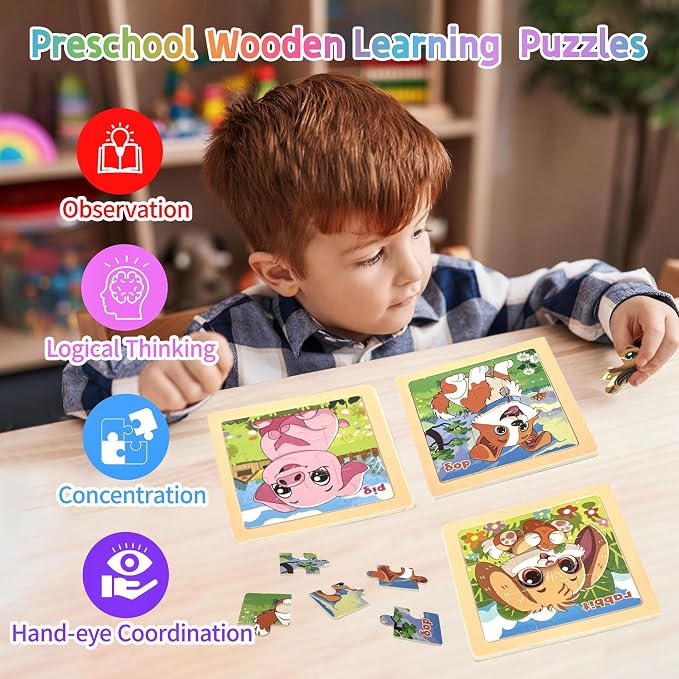 Wooden Farm Puzzles for Toddlers, 8 Pack 9 PCS Jigsaw Puzzles for Kids, Wooden Puzzles for Toddlers 3-5, Animal Puzzles for Kids 3-5, Preschool Puzzles Learning Educational Sets Toys