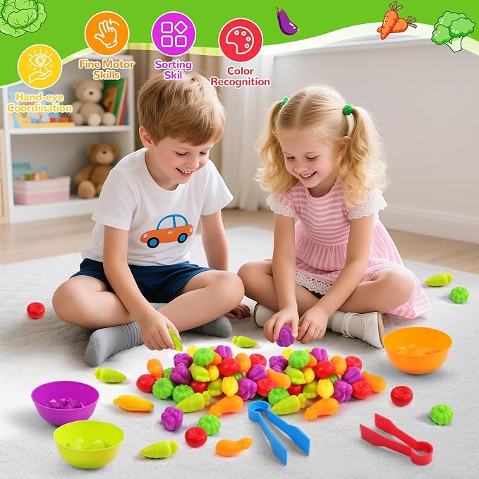 USATDD Counting Vegetables Color Sorting Matching Games with Bowls Preschool Learning Activities Sensory Toys Montessori Toys Easter Basket Stuffers Gifts for Toddlers Kids Boys Girls Aged 3-5