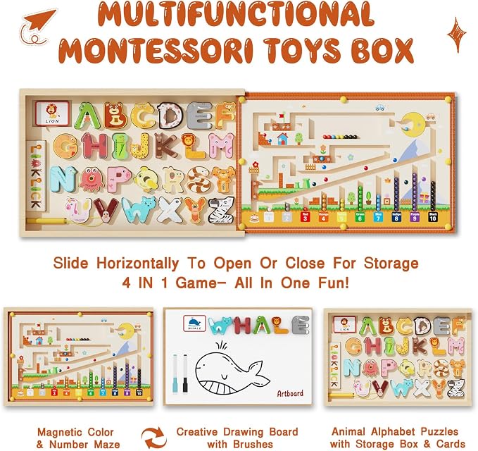 4-in-1 Magnetic Color and Number Maze, ABC Animal Alphabet Puzzles with Drawing Board, Wooden Montessori Toy Storage Box for 3-5 Year Old, Toddler Educational Learning Toy for Kids Boys Girls