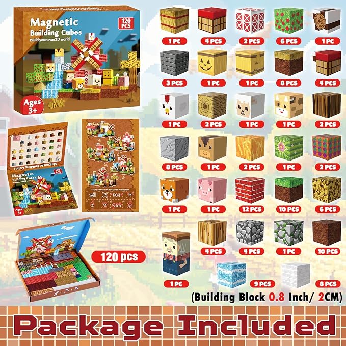 GraceDuck 120 PCS Magnetic Blocks - Magnetic Building Blocks, Magnetic Farm Animal Homes Stacking Magnets for Kids, STEM Montessori Sensory Toys for Kids 3+ Boys and Girls Christmas Birthday Gifts
