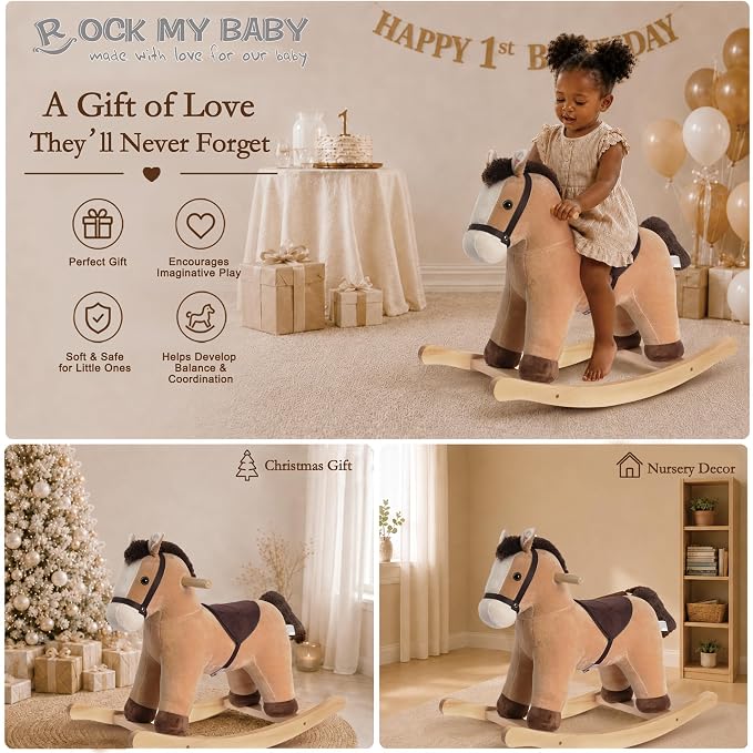 Rock My Baby Rocking Horse, Rocking Animal with Realistic Sound, Stuffed Rocker for Toddlers 18M+, Soft Filling Ride on Pony, Light Brown Horse, CPC Certified
