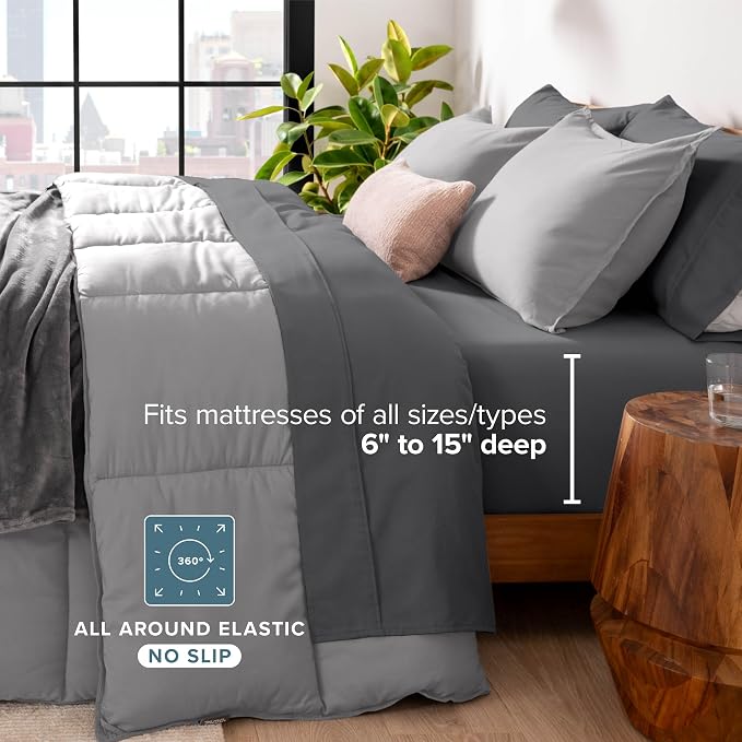 Bare Home Bed-in-A-Bag 5 Piece Comforter & Sheet Set - Twin XL - Goose Down Alternative - Ultra-Soft 1800 Premium Bed Set (Twin XL, Light Grey/Grey)