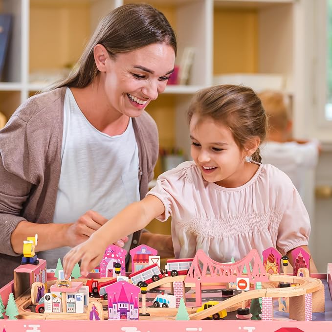 Wooden Train Set with Train Table - 75PC Play Set with Tracks, Vehicles, Buildings, Illustrated Play Surface, and Activity Table by Hey Play (Pink)