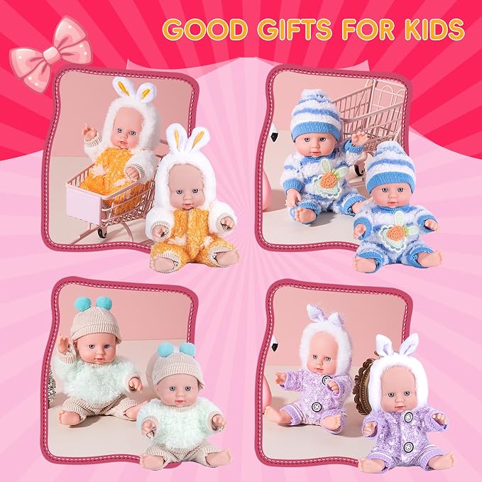 Vueos 4 Pcs 7 Inch Baby Doll Playset with 4 Adorable Clothes, Mini Reborn Baby Dolls Nursery Toys for Toddlers Girls Kids 3+