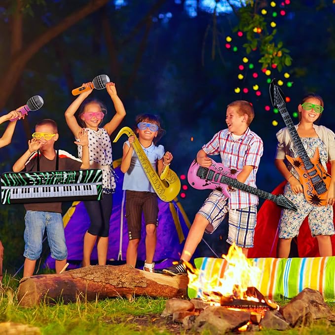 Max Fun Inflatable Rock Star Toy Set, 48pcs Inflatable Party Props for Kids 80s 90s Party Decorations Inflatable Guitars Inflate Rock Band Assortment Party Favors (Random Color)