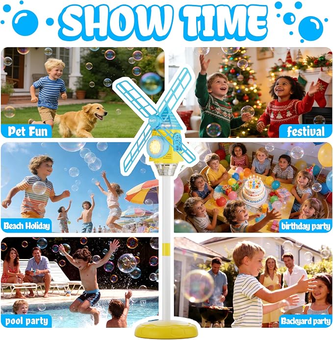 Windmill Bubble Machine for Kids, 51" Adjustable Height Standing Bubble Maker with Lights & Music, 10-Hole Battery Operated Bubble Blower with 130ml Tank, Outdoor Backyard Party Toys for Toddlers