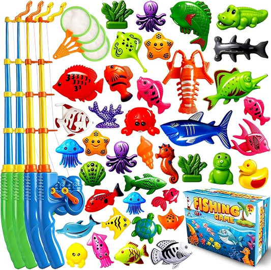 CozyBomB™ Magnetic Fishing Toys Game Set for Kids | Water Table Bathtub Kiddie Pool Party Pole Rod Net, Outdoor Plastic Floating Fish, Toddler Bath Color Ocean Sea Animals Birthday Gift Age 3-5 6 4-8