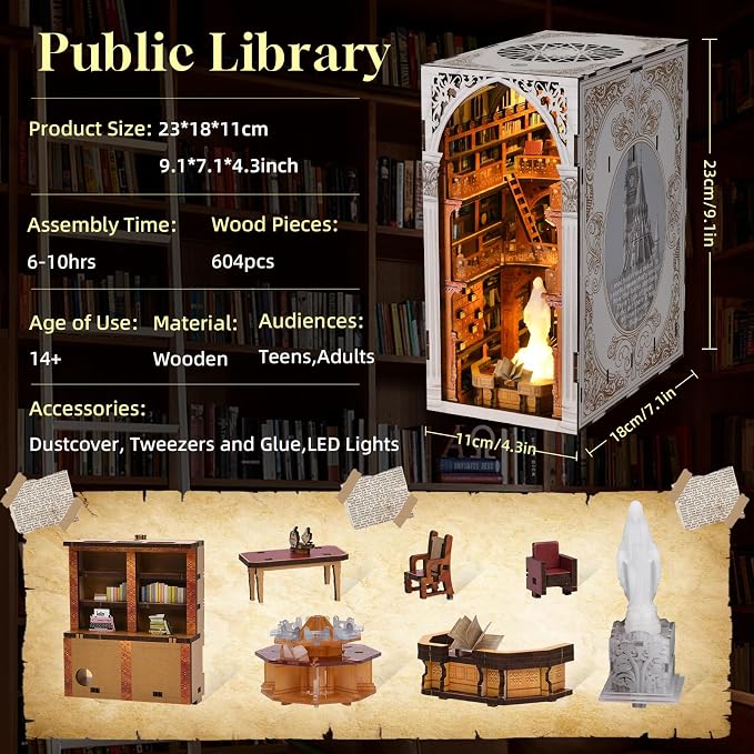 CCCDF Book Nook Kit, DIY Miniature House Kit 3D Wooden Puzzle for Adults Booknook Kit with Dust Cover Book Decor Bookshelf Decoration Decorative Bookends Women Craft Gifts for Teens (Public Library)