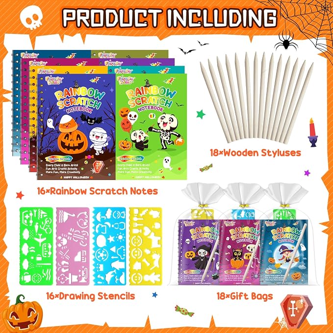 Halloween Scratch Art Party Favors: 16 Pack Rainbow Scratch Notebook Paper Party Favors for Kids Halloween Goodie Bags Stuffers Girls Boys Art Craft Birthday Gifts for Students Classroom