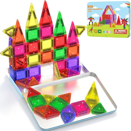 46PCS Glitter Magnetic Tiles, Mini Magnetic Tiles Travel Set with Storage Case, Portable Magnetic Blocks Building Toys for Toddlers Kids Ages 3+ Classroom Learning Toys for Boys Girls Birthday Gift