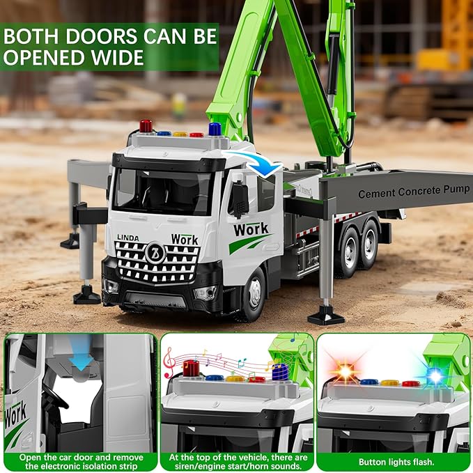 Cement Concrete Pump Truck Toy - Extendable Concrete Boom Pump Construction Trucks Site Playset Building Water Spray Todder Kids Age 3 4 5 6 7 8 Year Old Boy Birthday Christmas Vehicles Education Gift
