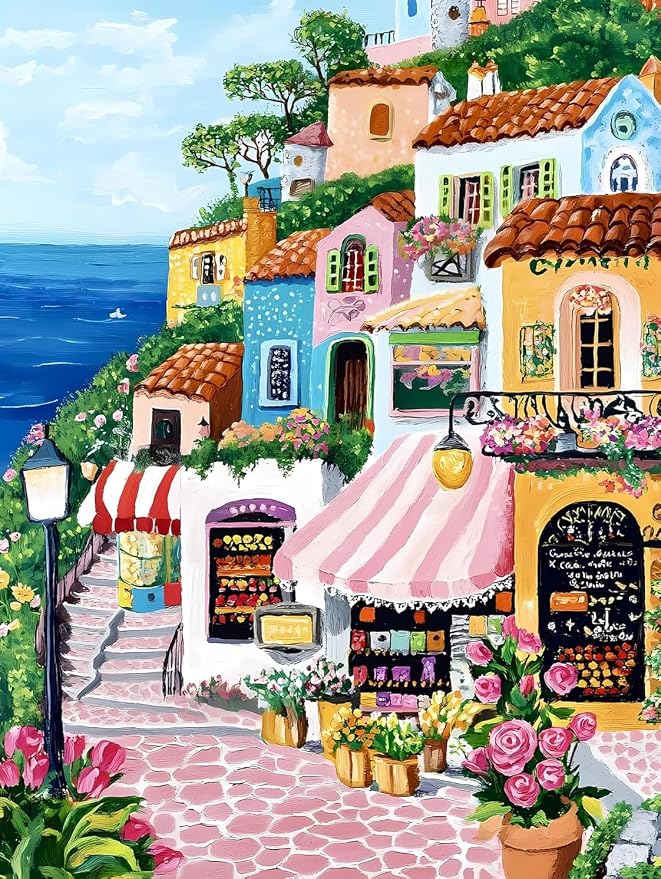 Paint by Numbers for Adults and Kids Beginner, Mediterranean Coastal Village TownPainting by Number Kits On Canvas, Number Artist Paint by Number Kit Oil Painting Acrylic Paints, Home Wall Decor Gift