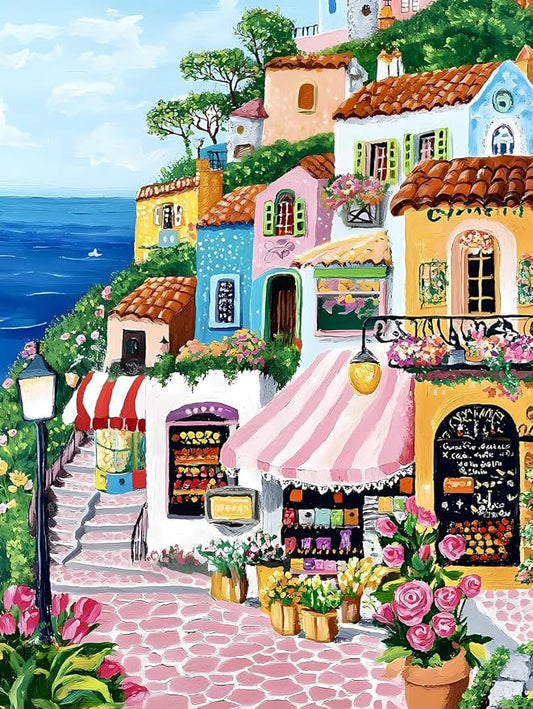 Paint by Numbers for Adults and Kids Beginner, Mediterranean Coastal Village TownPainting by Number Kits On Canvas, Number Artist Paint by Number Kit Oil Painting Acrylic Paints, Home Wall Decor Gift