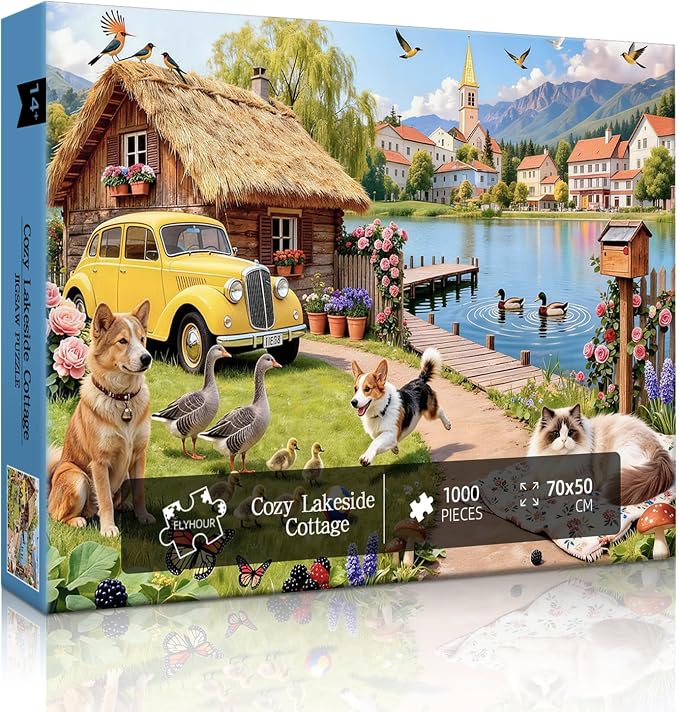 Cozy Lakeside Cottage Puzzles for Adults 1000 Pieces,Challenging Jigsaw Puzzles for Adults,Difficult Impossible Puzzle for Family Game Night,Recycled Paper Jigsaw Puzzle,Gifts for Boys Girls