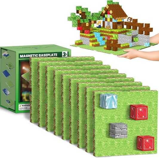 9 Pack Magnetic Blocks Baseplate, Magnetic Cubes Plate for Minecraft Magnetic Building Blocks-Baseplate 4" x 4", STEM Magnet Toys for Kids Boys Girls Age 3+ Years Old Christmas Birthday Gifts