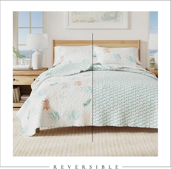 Great Bay Home Coastal Quilt Set - 2-Piece Twin/Twin XL Size Nautical Bedding Set - Lightweight, All-Season, Reversible Bedspread (Coral Reef)
