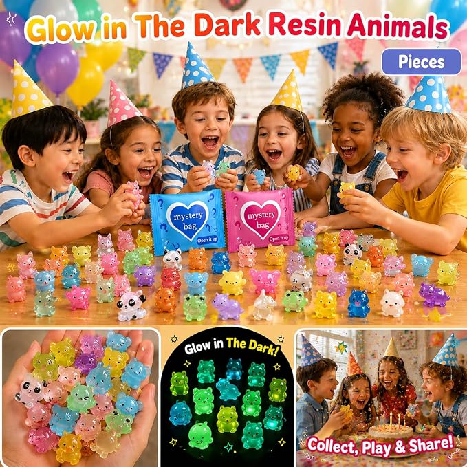 50 PCS Mystery Bag Mini Resin Animals, Glow in The Dark Tiny Animal Figurines Blind Bags Bulk, Cute Mini Resin Figures Surprise Box Toys for Kids, Classroom Prizes, Goodie Bag Stuffers, Party Favors