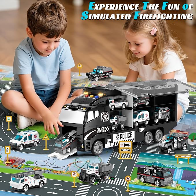 Toddler Boys Police Car Toy Set: Police Truck for Boy 3 4 5 6 Years Old | with Play Mat and Die-Cast Toy Car | Birthday Gifts Toys for 3-8 Year Old Boys | Girl Toys with Light and Sound