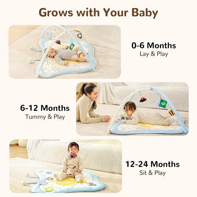 Pamo Babe Baby Play Gym & Activity Mat, Tummy Time Mat with 8 Montessori Toys, Non-slip Foldable Baby Playmat for Stage-Based Development, Machine Washable Baby Gym Play Mat for Newborn Essential Gift