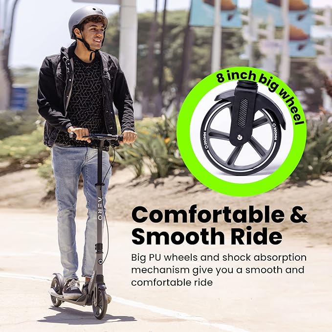 AERO MOBILITY Kick Scooter for Kids 6+, Teens & Adults | Light Up Wheels, Hand Brake, Rubber Deck Mat & Shock Absorption | Foldable & Height Adjustable