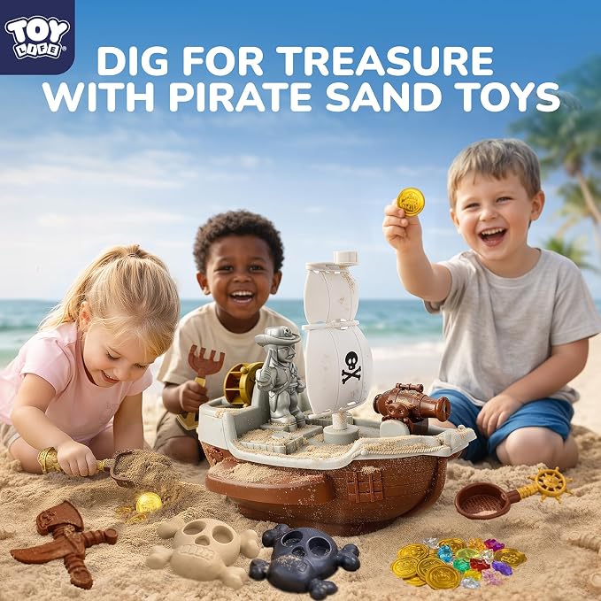 TOY Life 39PCS Pirate Beach Toys for Kids Ages 4-8, Pirate Ship Sand Toys Set with Treasure Coins & Gems, Sandbox Role Play Toys for Kids, Outdoor Beach & Travel Summer Adventure Toys