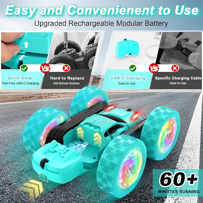 Remote Control Car, Stunt RC Cars, 2.4GHz Double Sided 360° Flips RC Crawler, Outdoor Toys for Kids Ages 4-8, Upgraded USB-C Modular Battery, 5 6 7 8 9 10 +Year Old Boys Birthday Gifts MintGreen