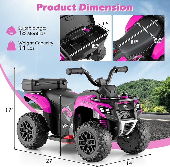 OLAKIDS Kids ATV with Spray Function, Remote Control, Storage Trunk, 6V Toddler Ride on Toy, Pink