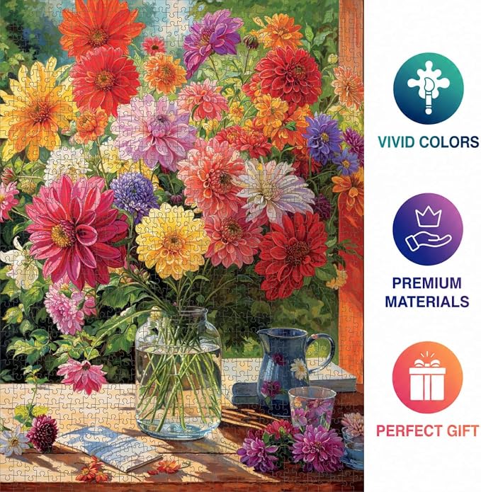 Cross & Glory - Rainbow Dahlia Delight - 1000 Piece Jigsaw Puzzle for Adults | Vibrant Flower Collection | Satin Finish | Challenging & Colorful Art