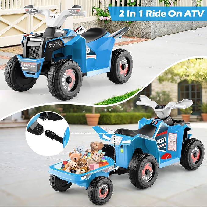 OLAKIDS 6V Kids ATV with Removable Trailer, Forward Backward Function, Widened & Wear-Resistant Wheels, Ride On Toy for Toddlers (Blue)