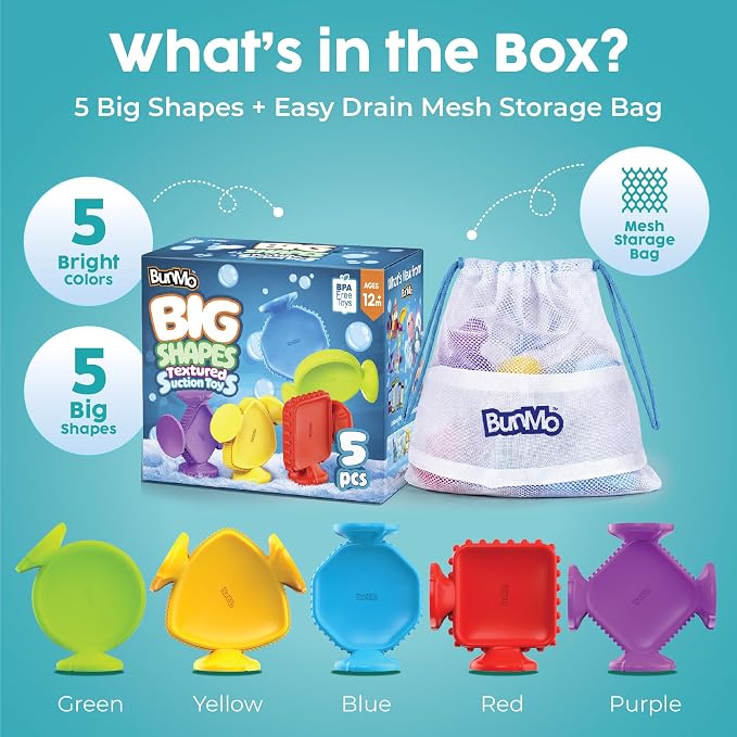 Bunmo Toddler Bath Toys - Best Montessori Toys for Kids Ages 1 2 3 4 Year Old Boys & Girls Gifts, Best Sensory Toy for Babies 12 Months +, No Hole Bath Toy for Kids Ages 1-3 & 2-4 (Big Shapes 5 Pack)