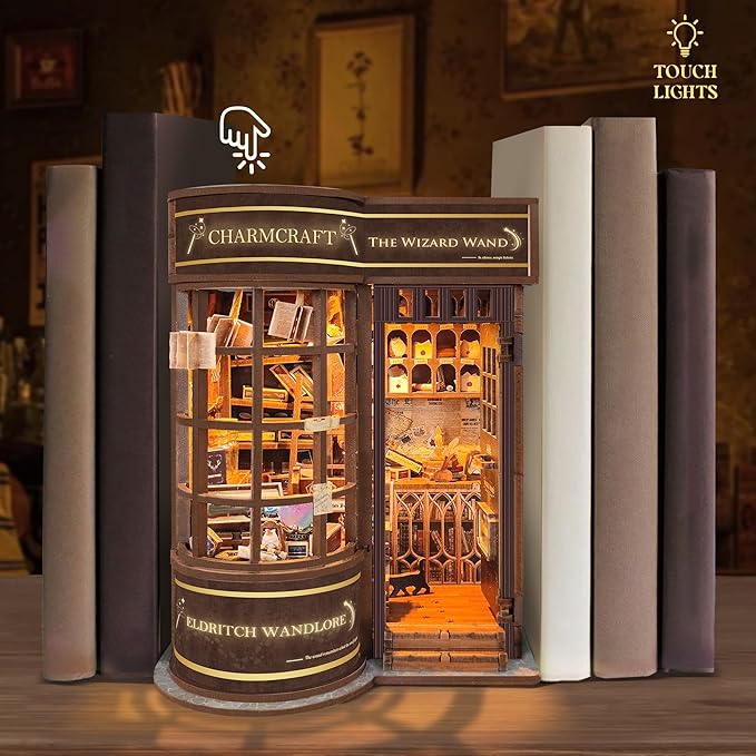 DIY Book Nook Kit,DIY Miniature Dollhouse kit,3D Wooden Puzzle Magic Bookend Bookshelf Insert Decor with Led Light,Gifts for Adults Teens and Beginners -Magic Wand Shop(SQ-51)